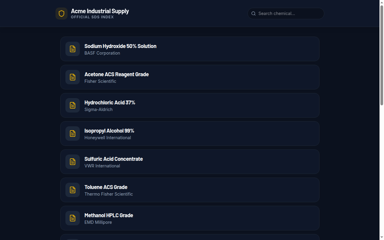 SDS Library showing chemical safety data sheets for Sodium Hydroxide, Acetone, Hydrochloric Acid, and more
